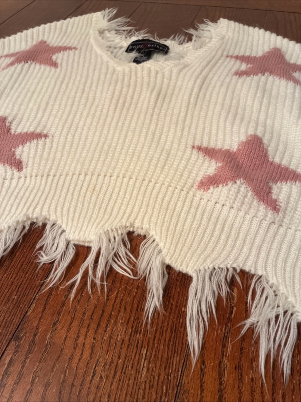 Polly & Esther Frayed Edge Star Sweater Women’s L V-Neck Long Sleeve Distressed - Picture 4 of 9